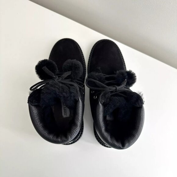 JIMMY CHOO Elba Black Leather Suede Pom Pom Flat Ankle Boots Size 38 - Picture 7 of 14